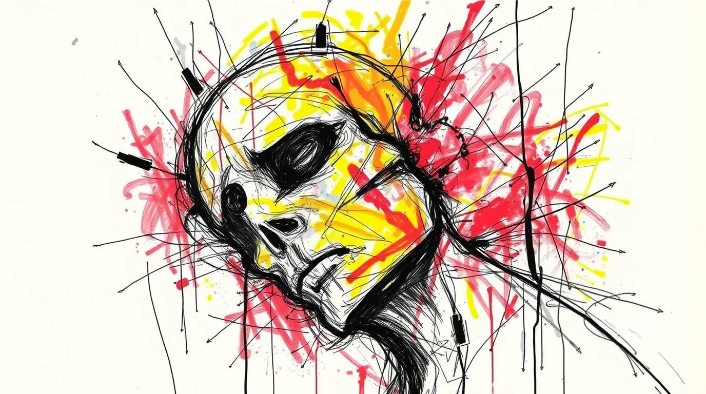 Loose ink drawing of a head tipped back with dark hollow eyes, wrapped in scribbled lines and wires, against bursts of red and yellow paint and arrows pointing outwards.