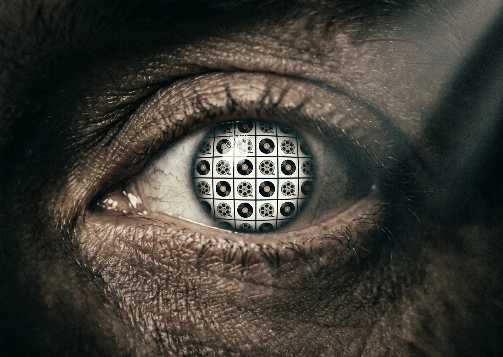An extreme macro close-up of an aging human eye, surrounded by raw, deeply textured skin in stark, moody shadow. Instead of a natural reflection, the pupil and iris reflect a sterile, brightly lit, perfectly repeating geometric grid of miniature vinyl records and film reels, symbolizing an inner life and personal taste composed entirely by algorithmic inputs.