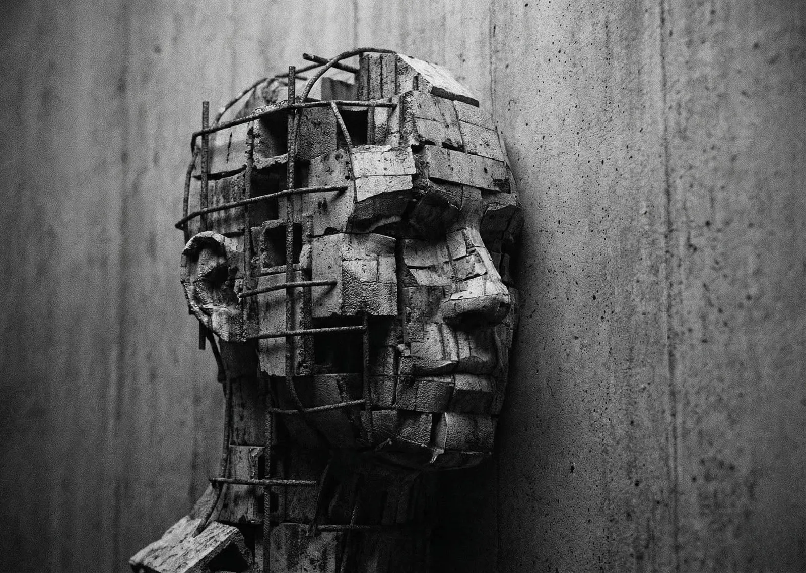 A dark, surreal black and white portrait of a human head constructed from decaying concrete and exposed iron scaffolding, slowly absorbing into a solid wall. A visual metaphor for the false self and the heavy architecture of a constructed personality.