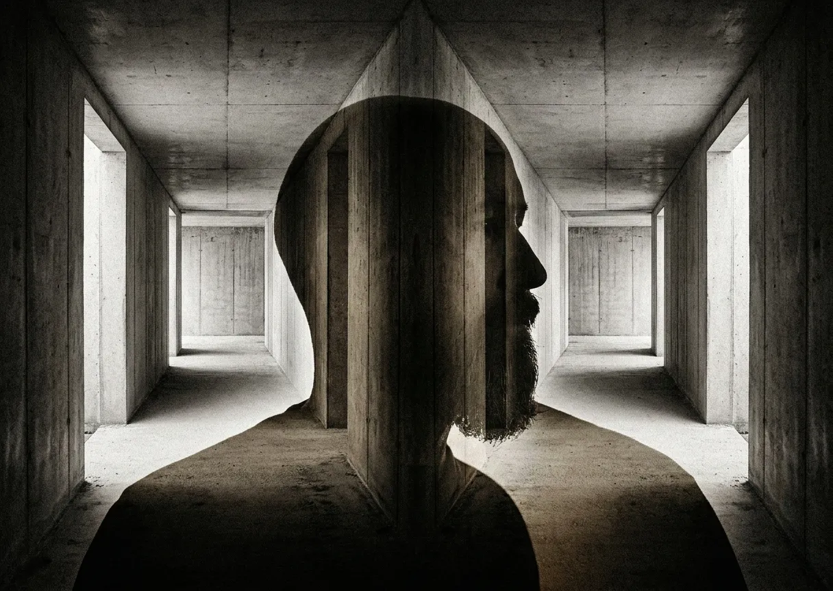 A dark, moody double exposure of a man's silhouette merging with a perfectly symmetrical, empty concrete hallway, representing the existential hollowness of modern working life.