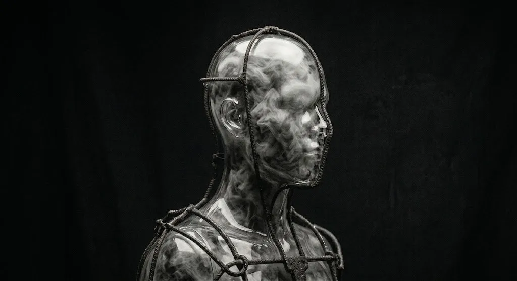 A high-contrast, black and white fine-art photograph of a translucent glass human bust. The interior of the head and chest is filled with thick, chaotic swirling smoke. The entire bust is encased in a rigid, external cage made of rusted industrial rebar and thick wire, creating a structural exoskeleton. The background is pitch black, with dramatic lighting highlighting the textures of the smooth glass against the grit of the metal.