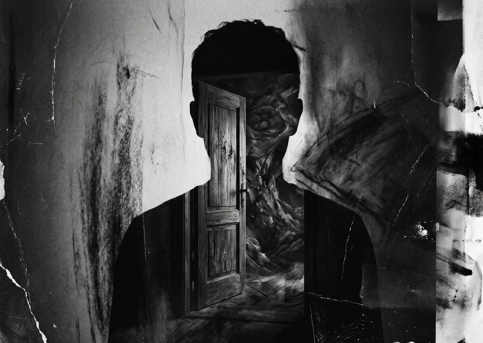 A high-contrast, black-and-white double-exposure portrait. A dark, featureless silhouette of a person's head and shoulders is overlaid with an image of a heavy, distressed wooden door slightly ajar. The door opens into a dark, textured abyss of swirling charcoal and shadow. The entire composition features heavy 35mm film grain, rough smudges, and scratched edges, evoking a deep, psychological, and raw atmosphere.