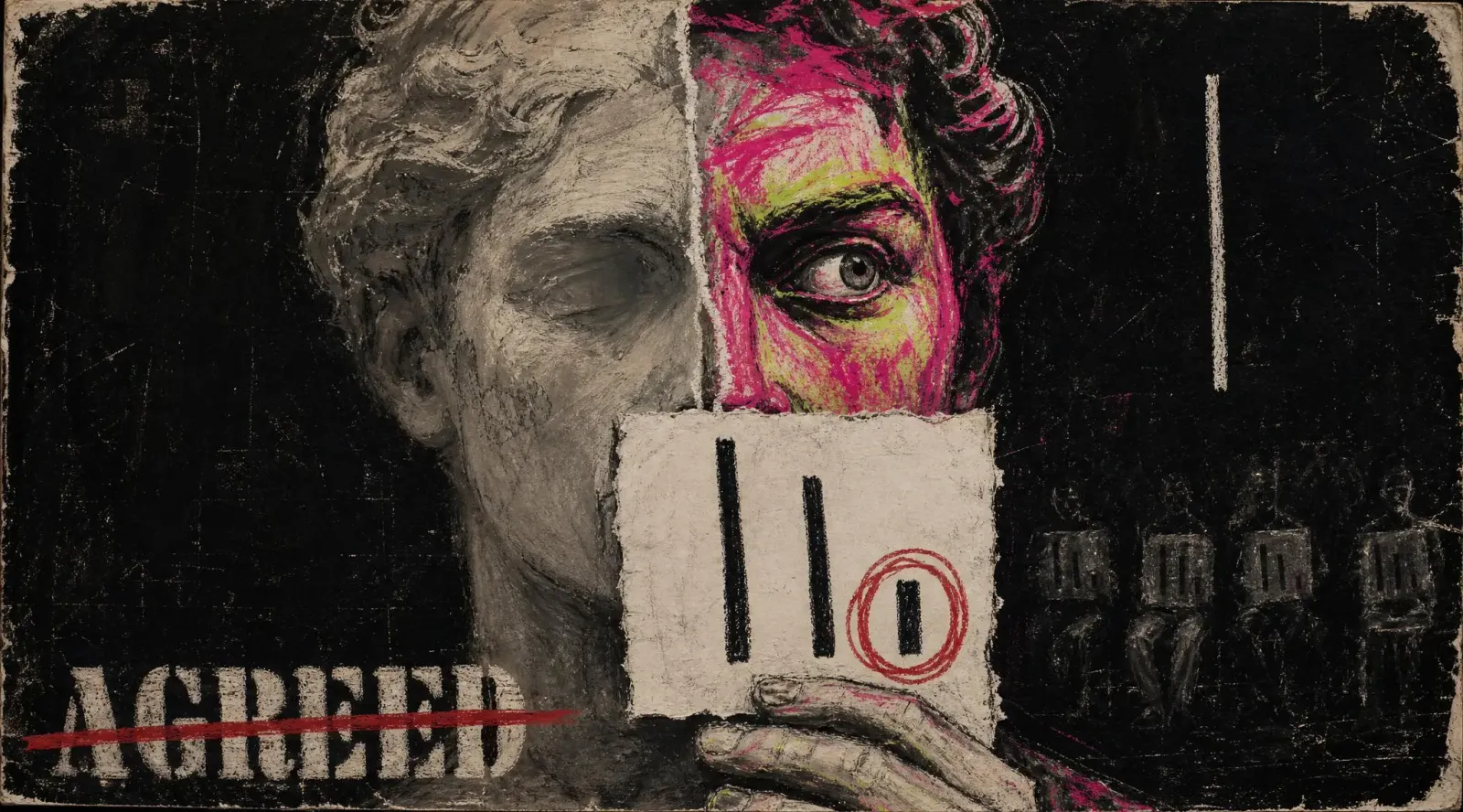 Split marble bust, one half blank grey, the other raw magenta with one open eye, holding a card of unequal lines with the shortest circled in red