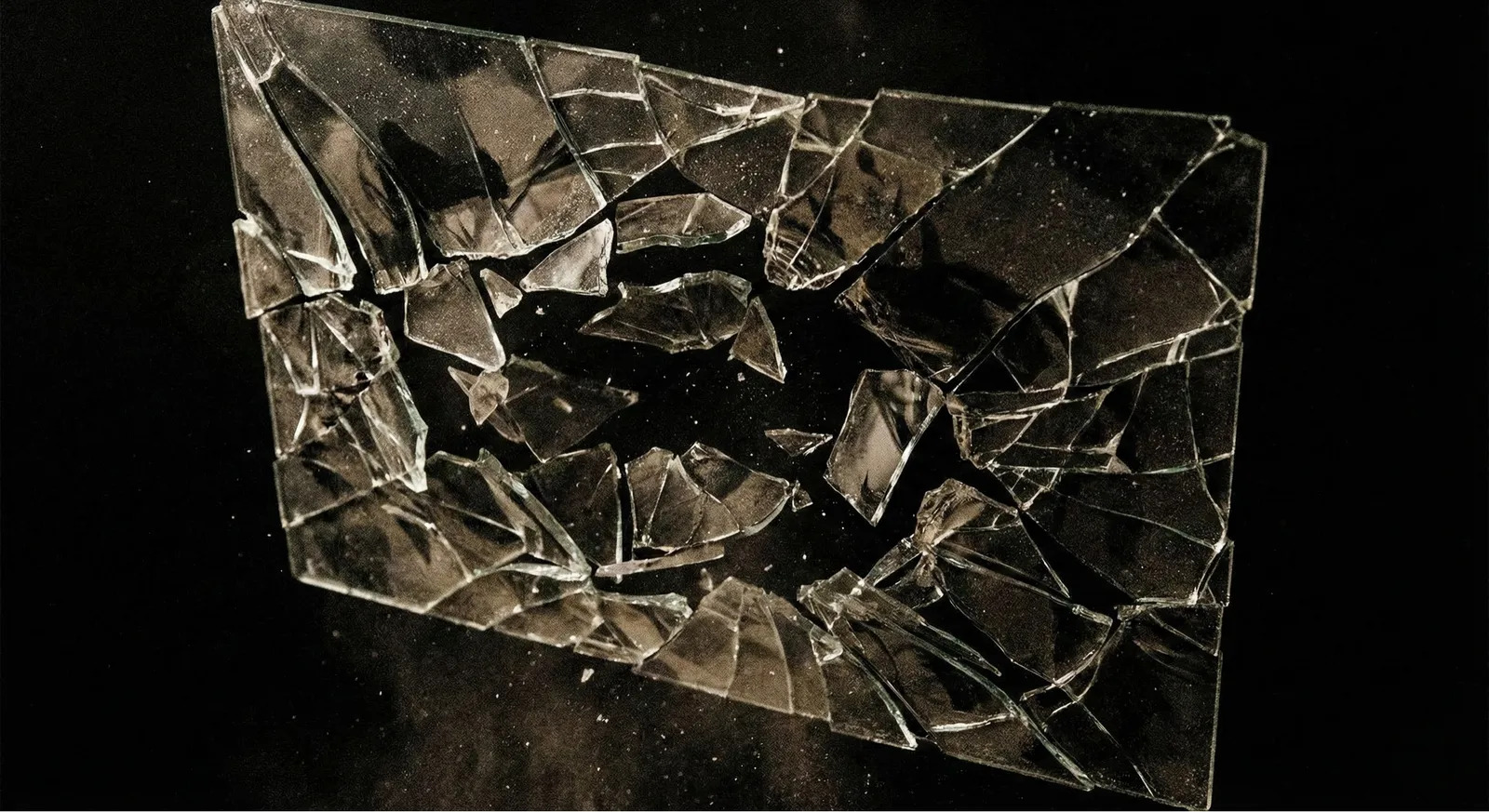 A dark, abstract close-up of a thick pane of glass shattered into dozens of sharp, irregular pieces. The shards are suspended in mid-air against a pitch-black void, illuminated by harsh lighting that highlights the fragmented edges and floating dust particles.