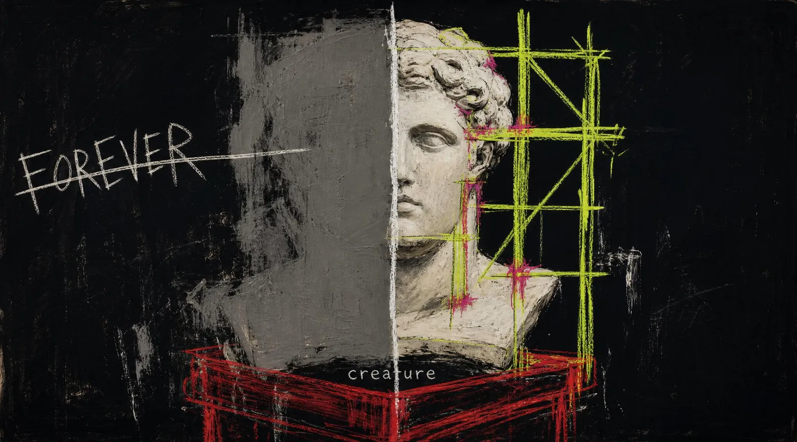 Neo-expressionist painting of a classical marble bust split in two, one half flat grey and one half bone-white held up by lime scaffolding lines, the word FOREVER scrawled in chalk and struck through, the word creature written small beneath, on a red hand-drawn plinth against near-black.