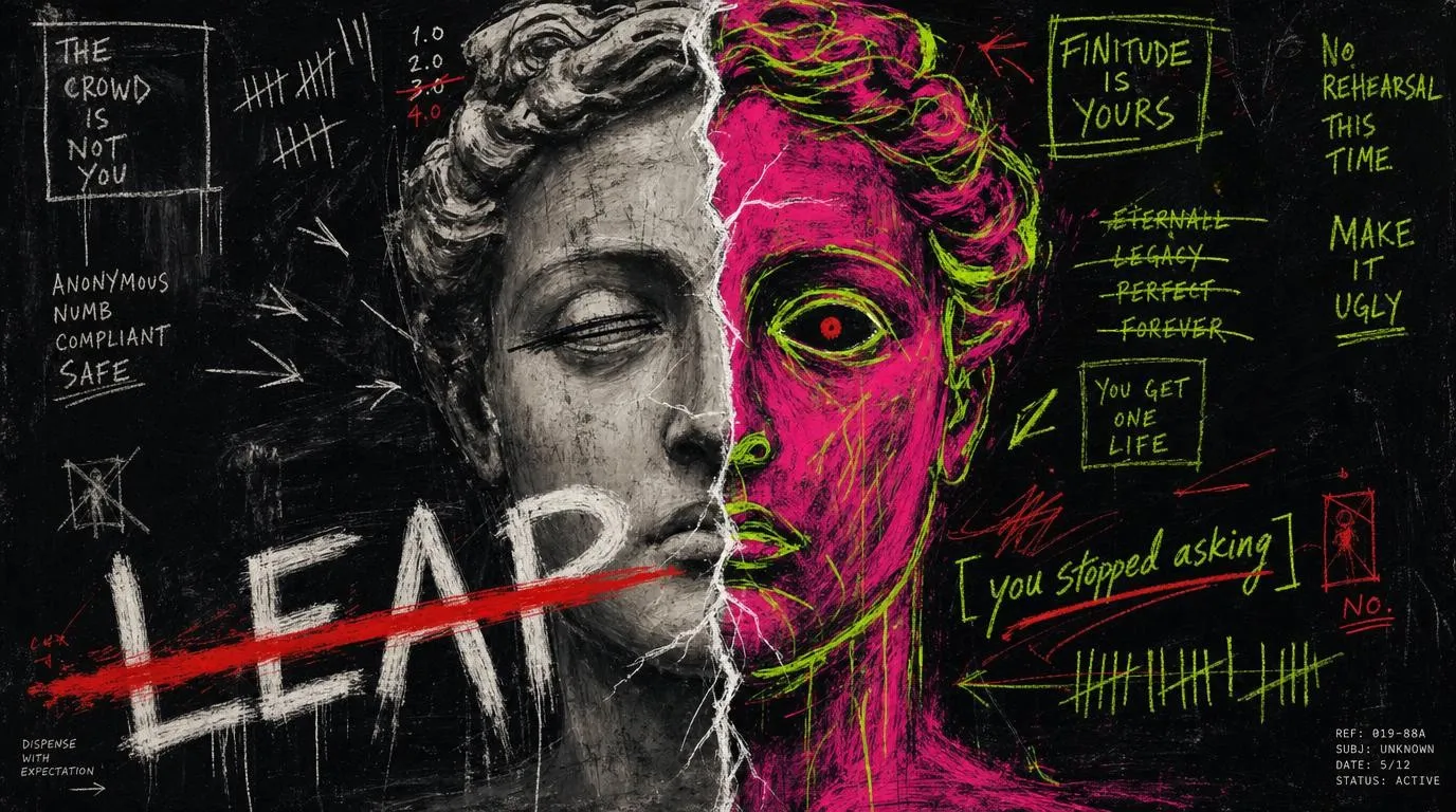 A split classical bust, grey marble on the left, neon magenta and green on the right, with the word LEAP struck out in red.