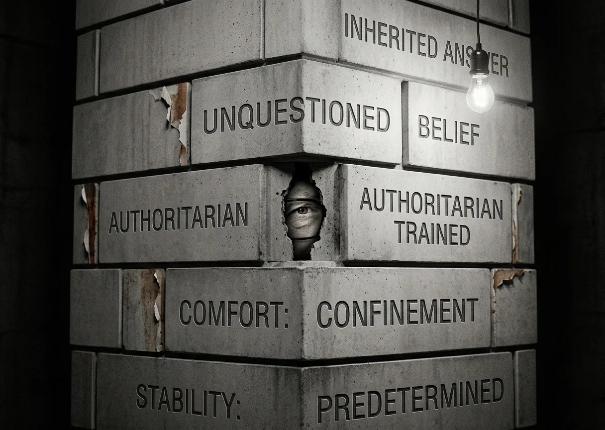 A stark, high-contrast black and white photograph of a massive concrete column constructed from interlocking blocks. The blocks are stamped with clinical phrases like "INHERITED ANSWER," "UNQUESTIONED BELIEF," and "COMFORT: CONFINEMENT." Through a jagged, dark fissure in the center of the concrete structure, a single, tired human eye behind thick black glasses peers out. A single bare lightbulb hangs in the deep shadows above, casting a harsh, moody light over the rough, industrial texture of the wall.