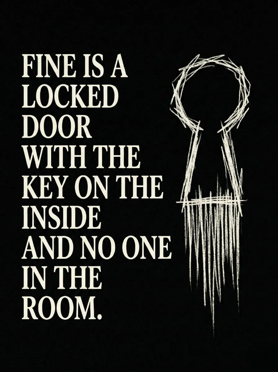 A dark, distressed graphic with the quote: "Fine is a locked door with the key on the inside and no one in the room," alongside a rough chalk drawing of a dissolving keyhole.