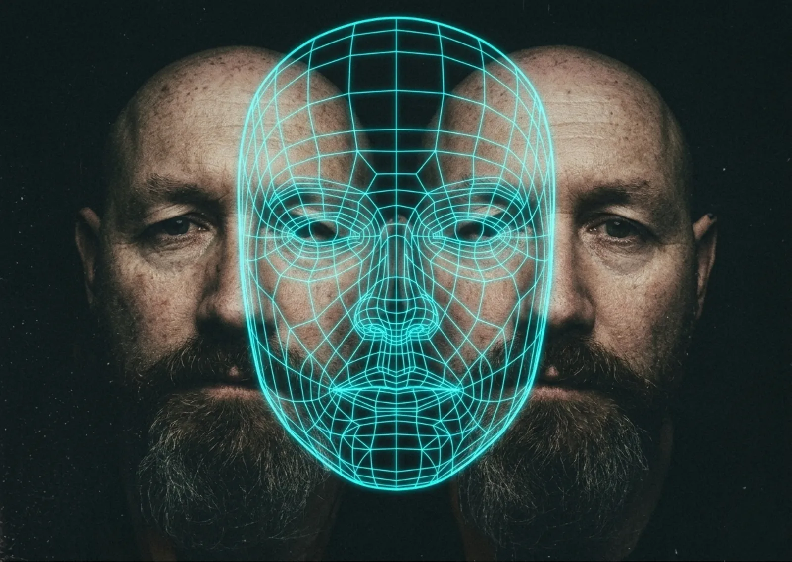 A high-contrast, moody double exposure of a middle-aged man with a salt-and-pepper beard. His face appears weary and grained like old film, split into two ghostly silhouettes. Overlaid in the center is a glowing, symmetrical cyan digital wireframe of a face, representing a perfect but hollow digital replica. The background is a dark, textured void.