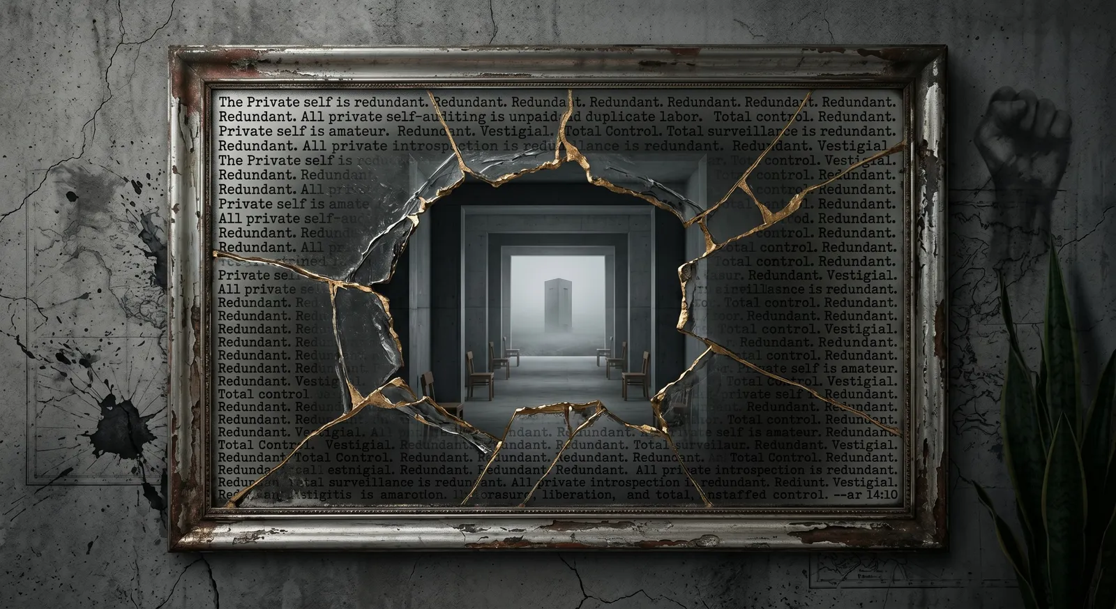 High-contrast mixed-media artwork of a cracked concrete wall with a shattered frame reading 'The Private self is redundant', opening into a surreal concrete corridor with a tower in the fog.