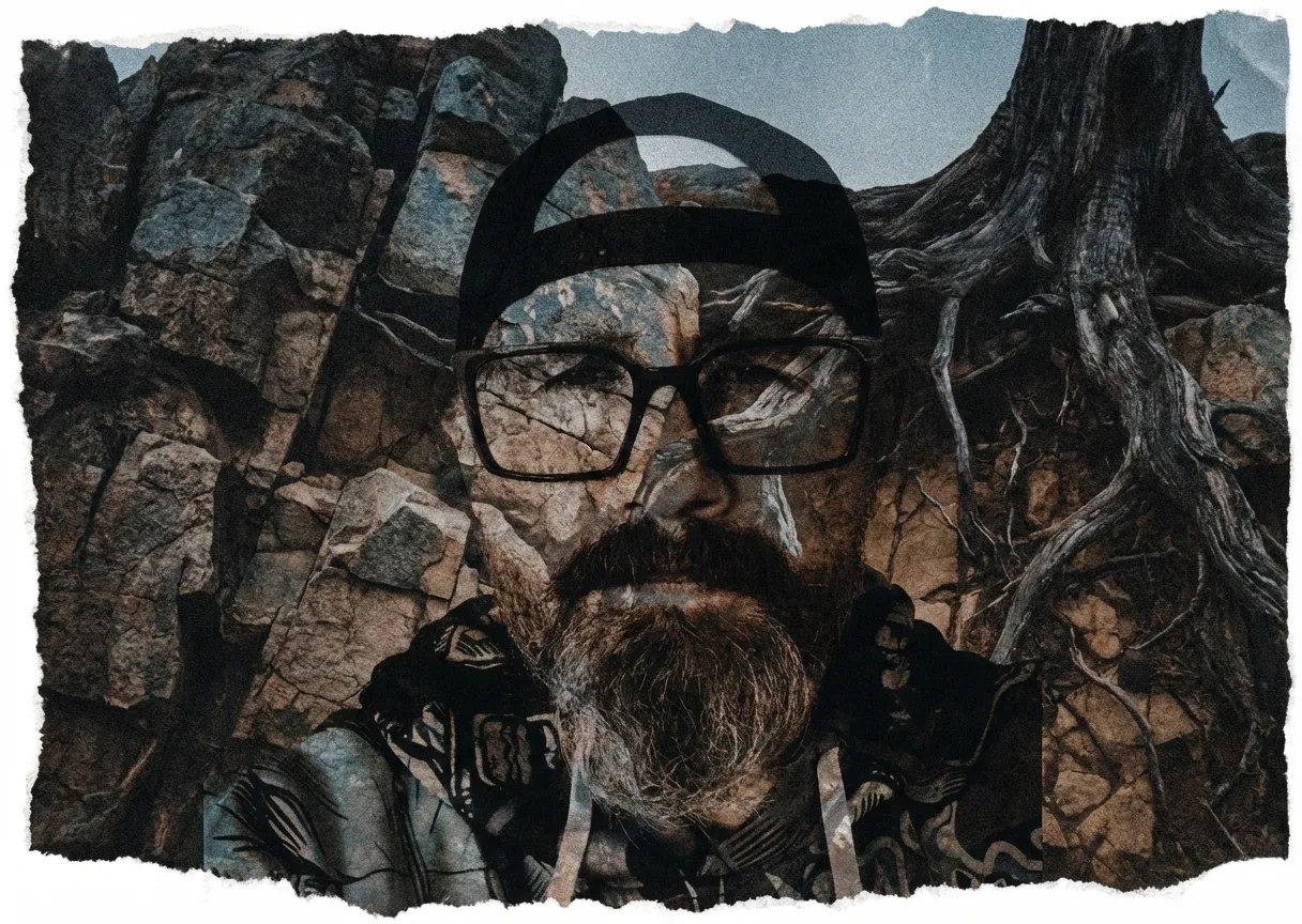 A mixed-media double exposure portrait of a bearded man with glasses and a backwards cap, blending into a rugged landscape of jagged rocks and thick, gnarled tree roots. The image has a gritty film grain, muted earthy colors, and distressed paper edges, representing the psychological fragmentation of the self.