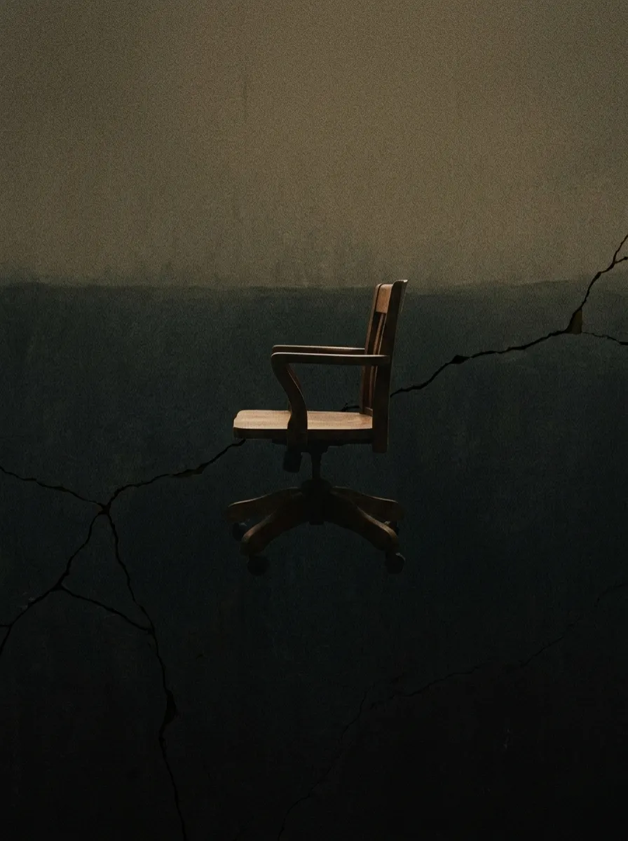 A solitary wooden office chair suspended over a dark, textured abyss with Kintsugi cracks, visualizing the vertigo of realizing the illusion of choice.
