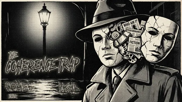 Black and white noir illustration of a man in a trench coat and fedora wearing a cracked mask, gears and newspaper scraps reading Who am I, Performance and Fiction spilling from the break, a second mask floating beside him, under a street lamp with the title The Coherence Trap.