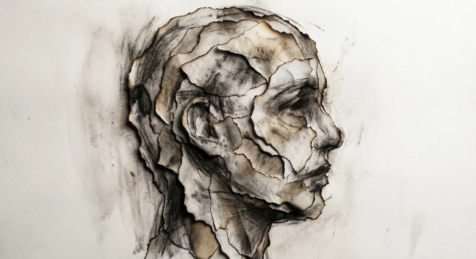 Abstract mixed-media art showing the profile of a human head made from dozens of overlapping layers of burnt and torn paper. It represents the accumulated layers of performance and the psychological strata of identity adaptation.