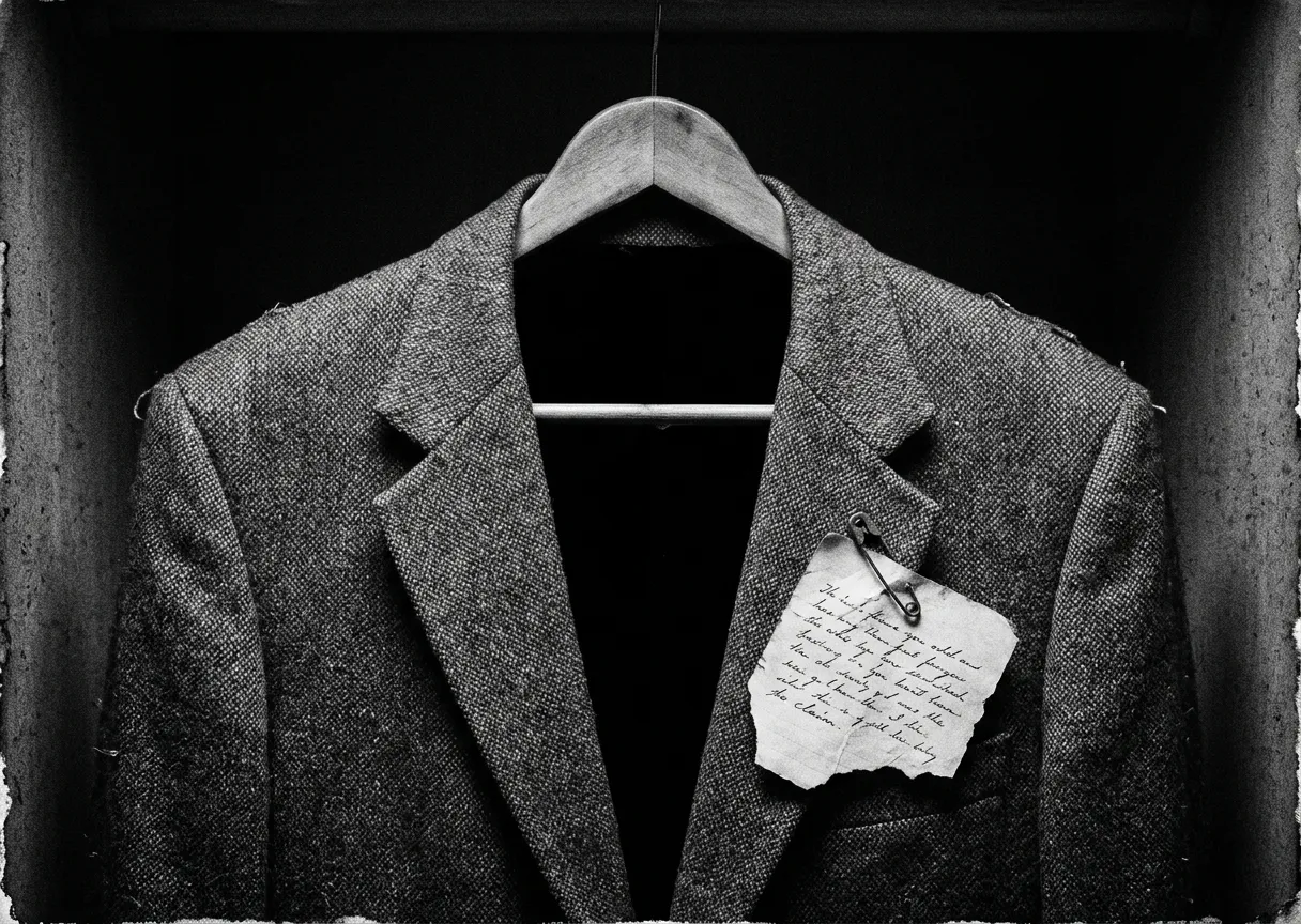 A moody, high-contrast black and white photo of a worn tweed suit jacket hanging in a dark closet. A torn scrap of paper with illegible handwriting is pinned to the lapel like a makeshift name tag.