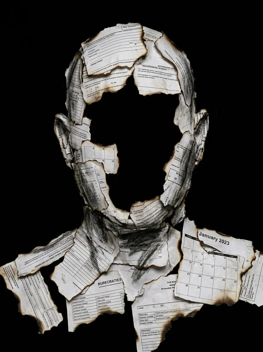 Abstract mixed-media art of a faceless human silhouette constructed entirely from burnt, torn calendar pages and bureaucratic paperwork against a black background.