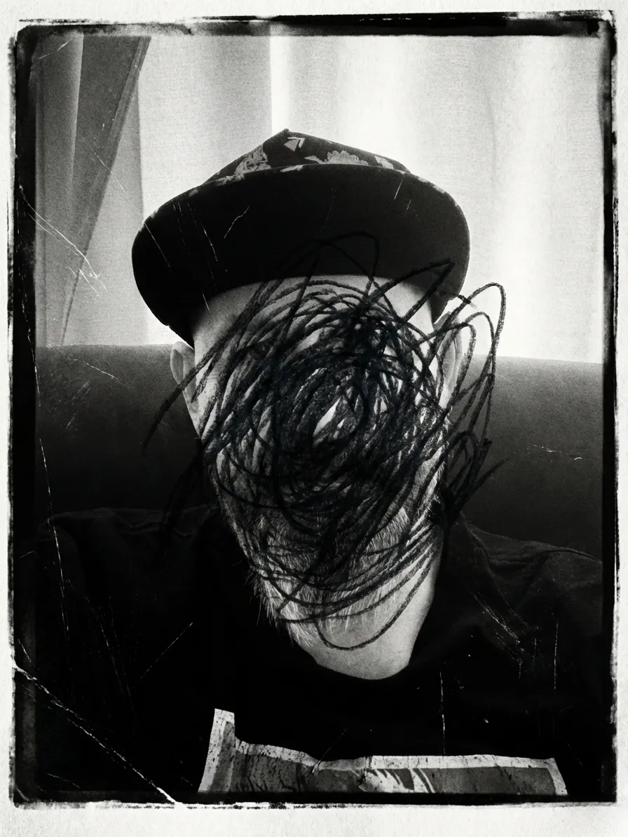 A high-contrast black-and-white image framed by a scratched, distressed photographic film border. The central figure is a man whose face is entirely obscured by chaotic, heavy black charcoal scribbles, suggesting the erasure or violent masking of identity.