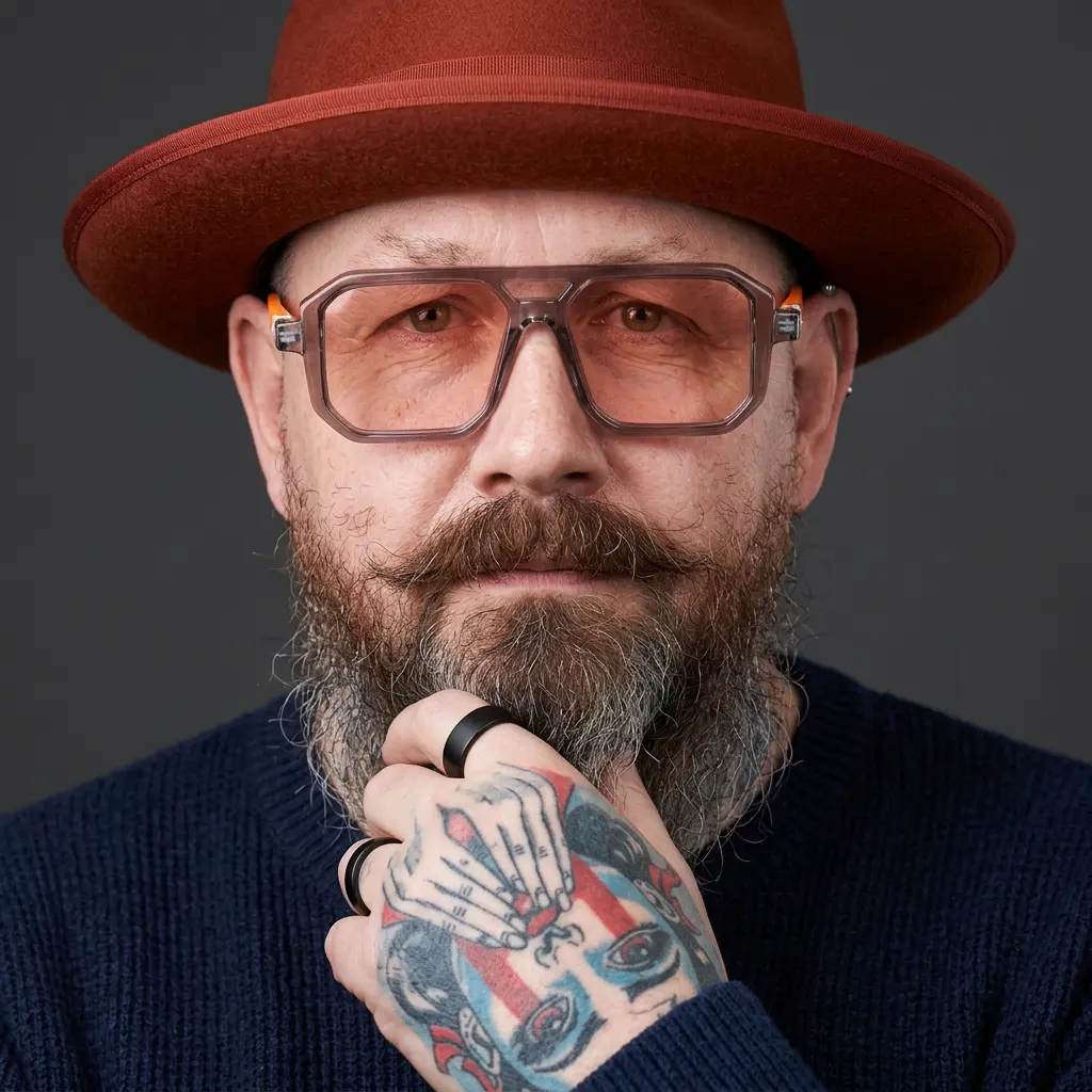 Rich Bennetts, writer of Fractured Self, facing the camera in a red hat and tinted glasses