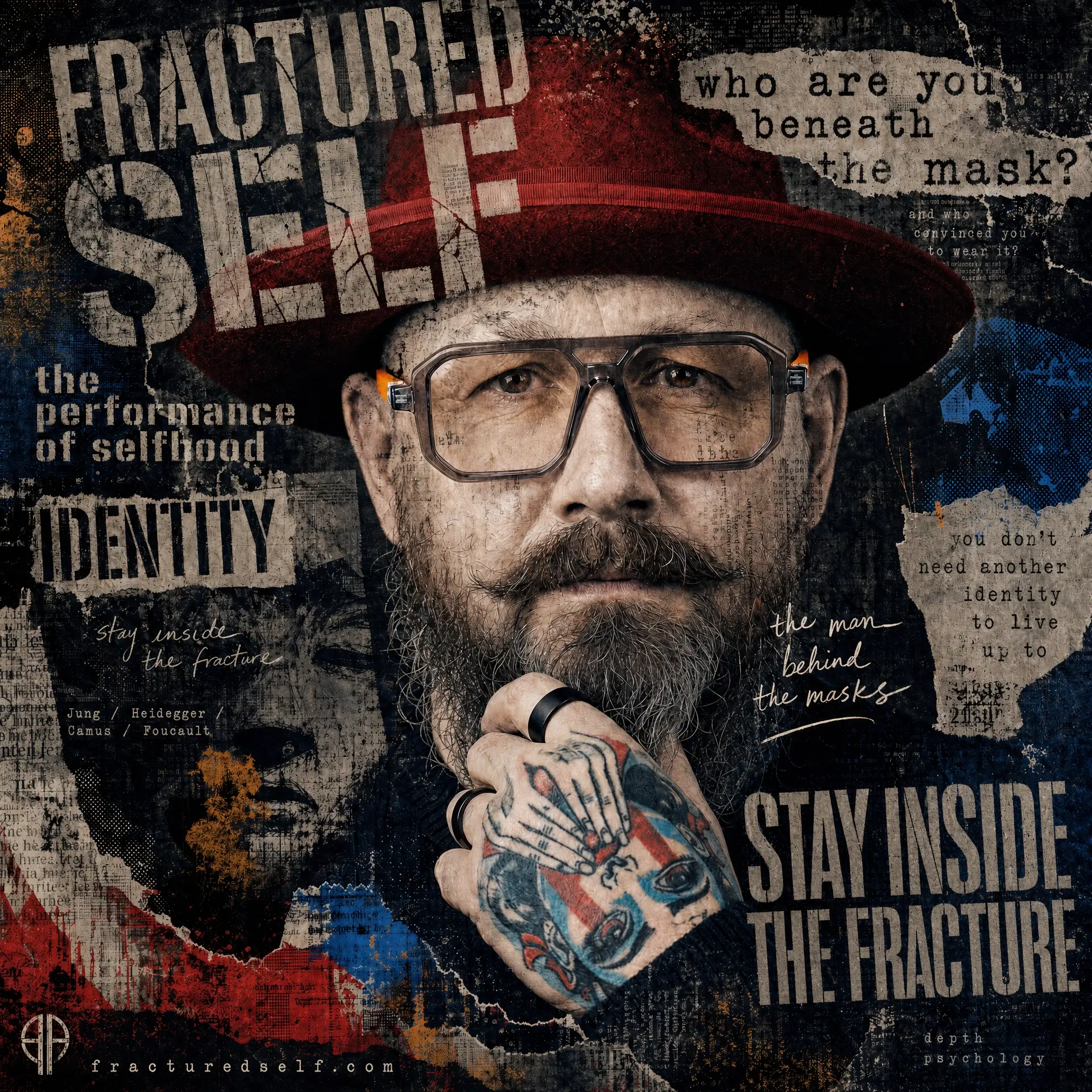 Collage of Rich Bennetts layered with Fractured Self phrases: who are you beneath the mask, stay inside the fracture