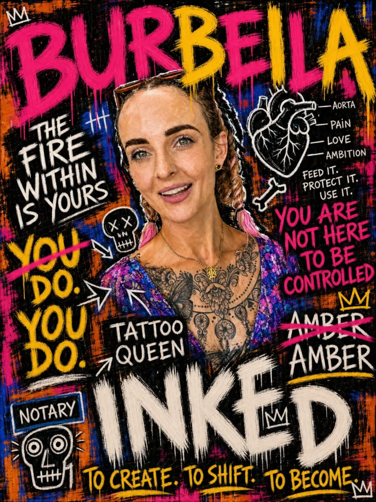 Painted portrait poster of tattooist Amber Bastin, who made both sleeves, her photograph set inside dense brushed lettering and surrounded by crowns, skulls and an anatomical heart.