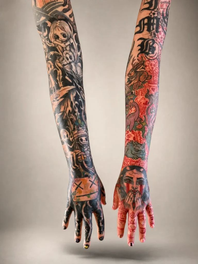 Two full tattoo sleeves photographed hanging side by side. The shadow arm is black and grey with doll-figures and filigree and blackwork running down the fingers. The persona arm is dense red work with a jackalope, zombies and a woman's face on the back of the hand, red running from both eyes and her hands raised over her mouth.